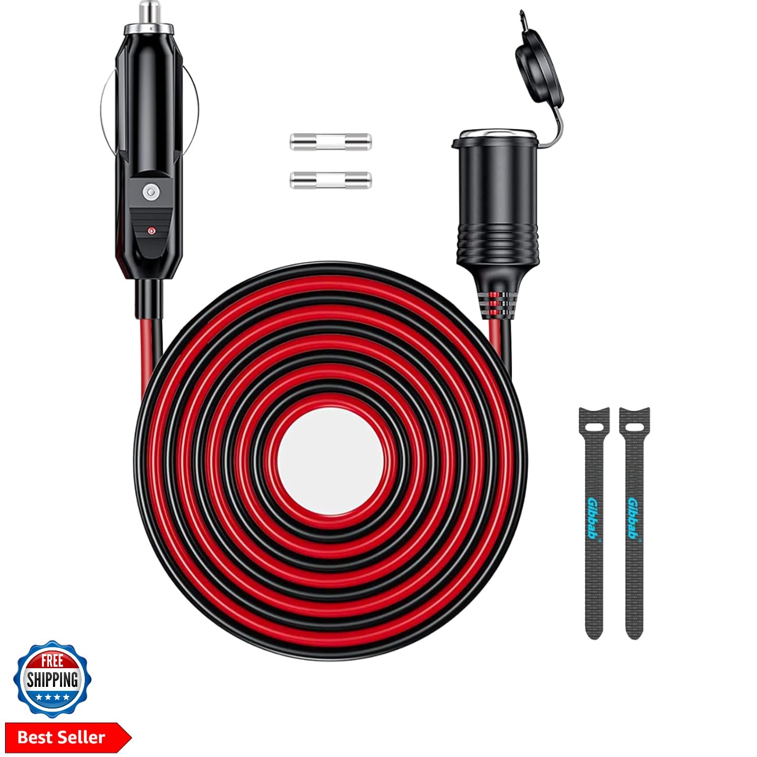 13FT 12V/24V Heavy Duty Cigarette Lighter Extension Cable 16AWG, 156W/15A Mal...