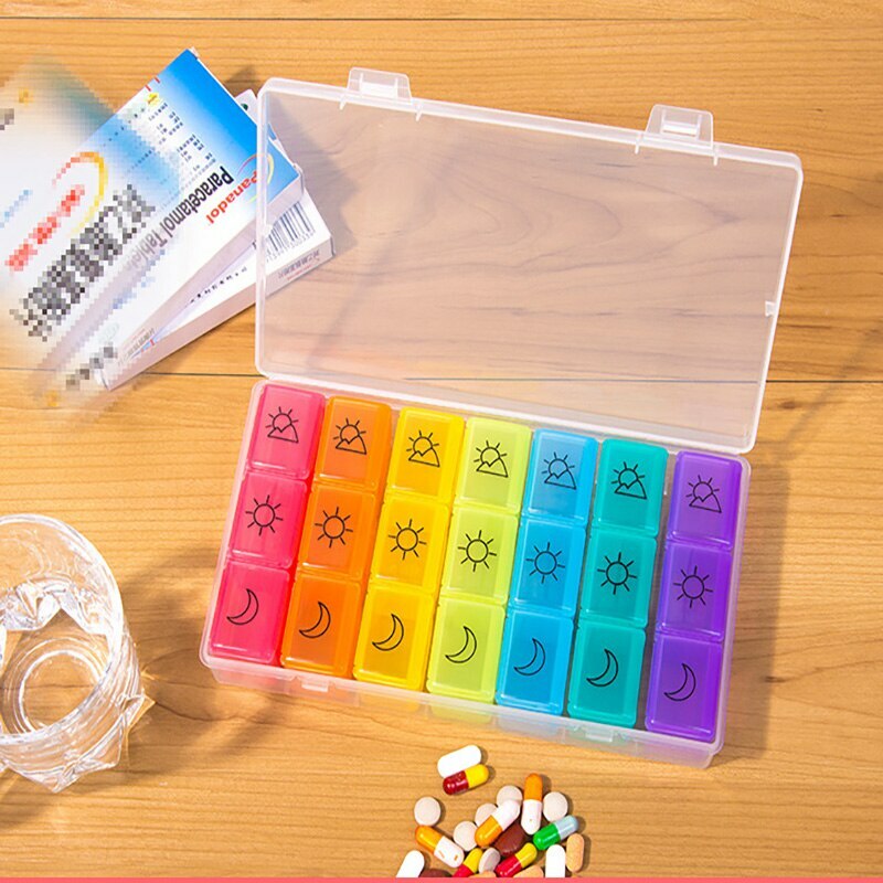 Pill Case Medicine Tablet Dispenser 3 Row 21 Grids 7 Days Pill Storage Container