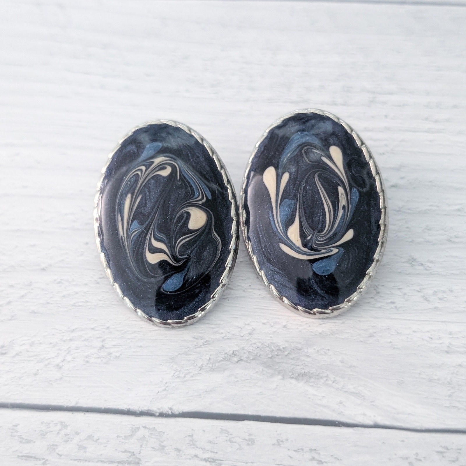 Vintage Stud Earrings Large Oval Blue & Cream Enamel Statement