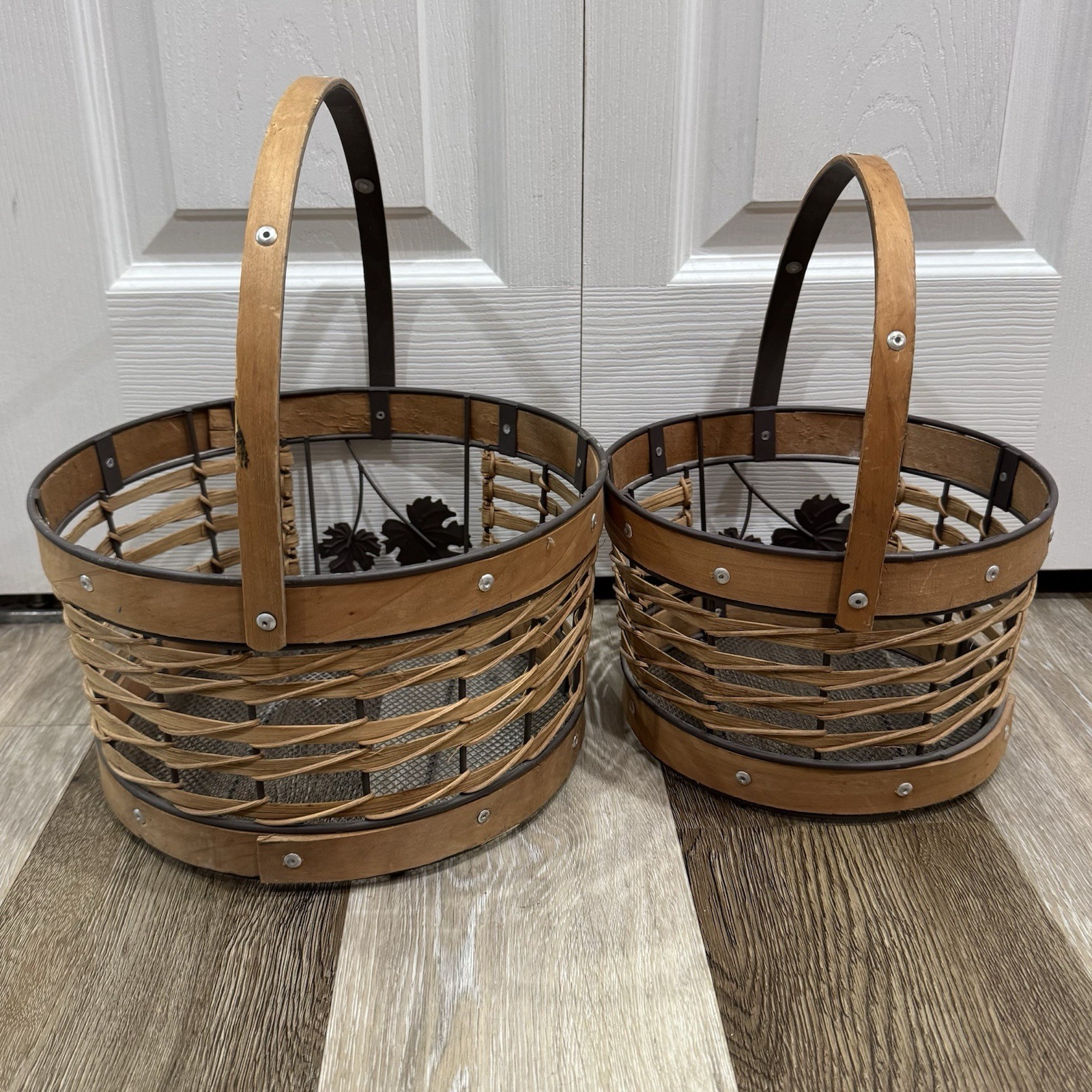 2 Wicker Wire Baskets Large & Medium Fall Autumn Leaves Moveable Handles Rivets