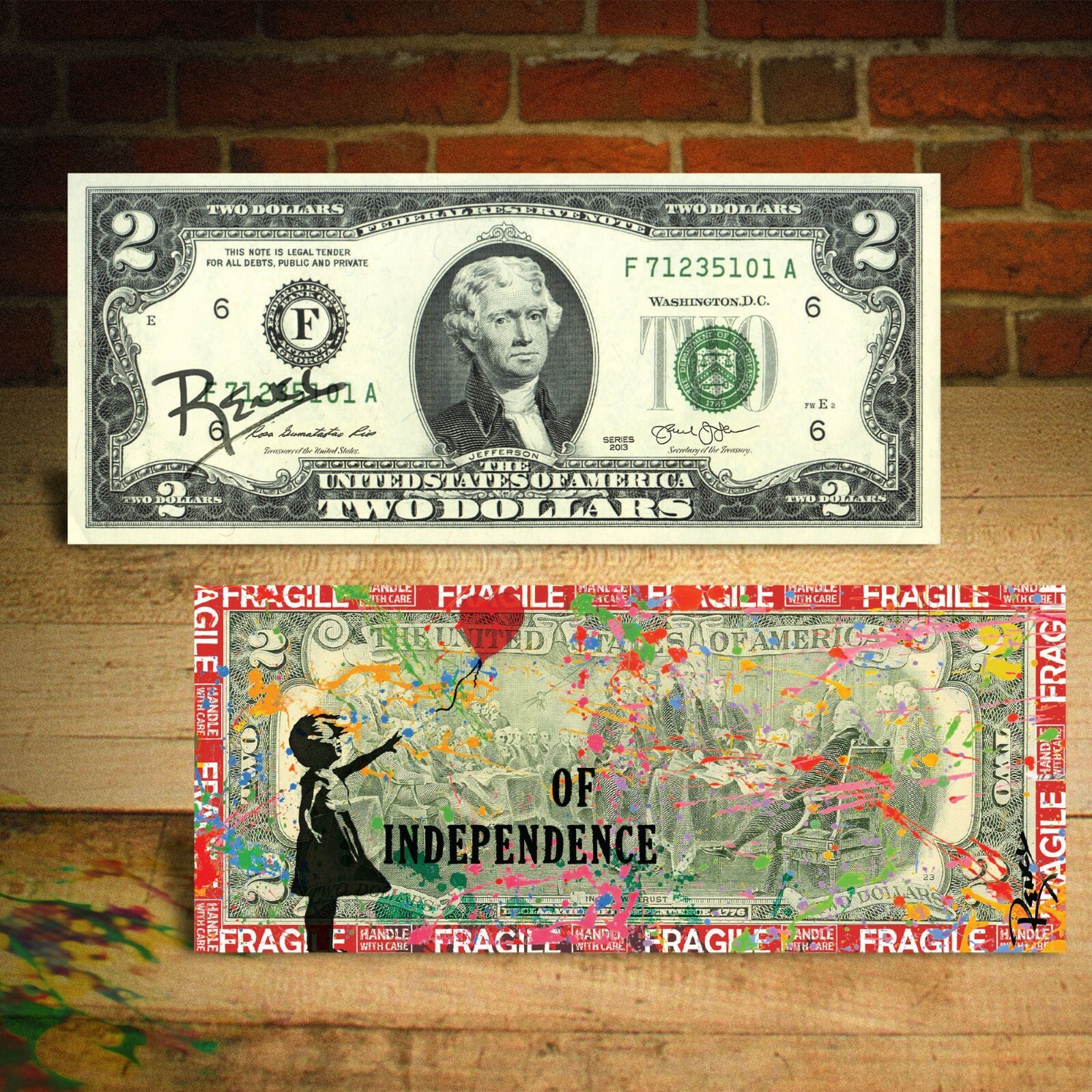 BALLOON GIRL of Independence REVERSE Pop Art Genuine $2 U.S Bill SIGNED by RENCY