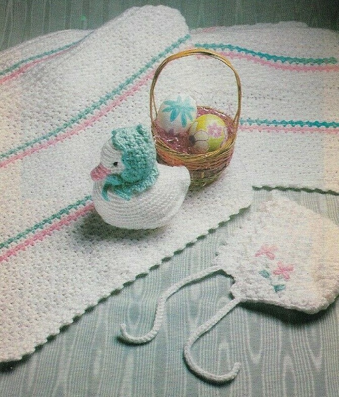 SPRINGTIME BABY BLANKET DUCKLING BONNET DIGEST SIZE CROCHET PATTERN INSTRUCTIONS