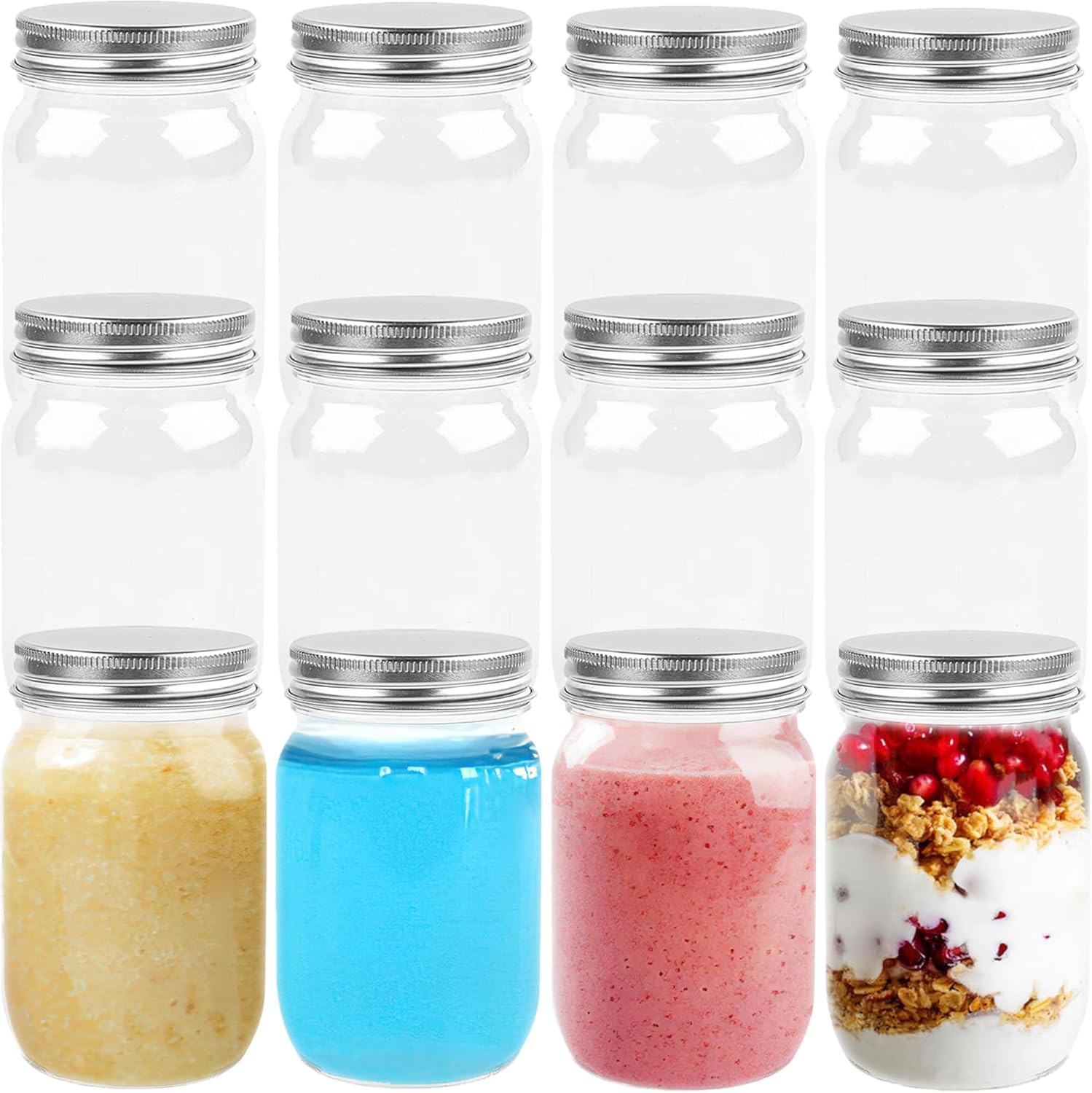 8 Oz Plastic Mason Jars with Lids, 12 Pack Reusable Empty Small Clear Plastic