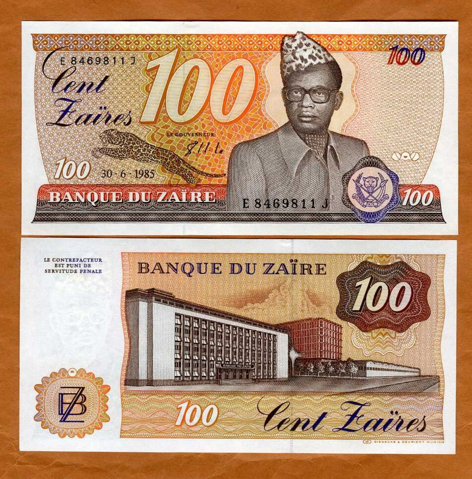 Zaire, 100 zaires, 1985, P-29b UNC Mobutu, Leopard