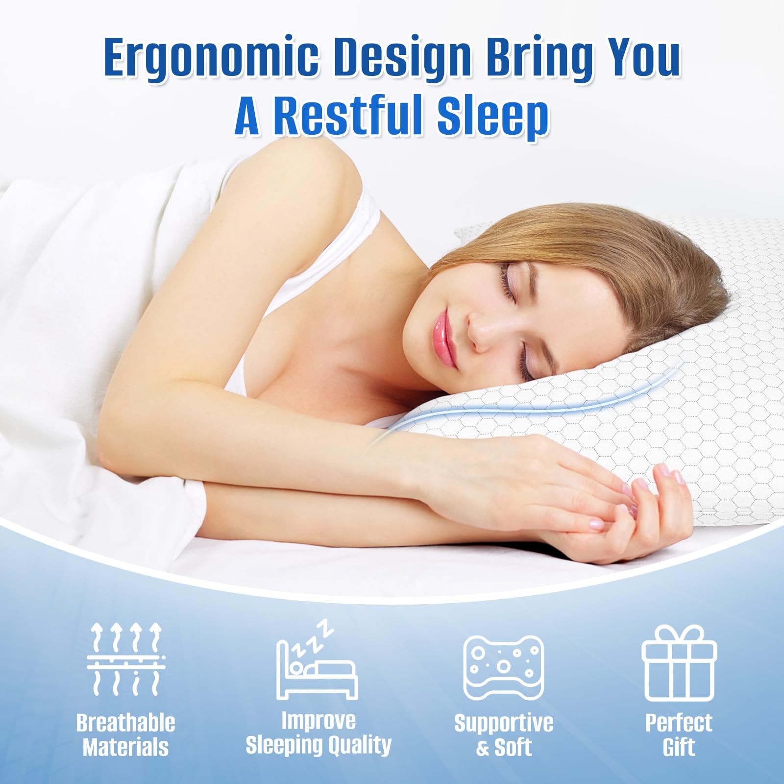 Memory Foam Bed Pillow, Adjustable Cooling Pillow Set Of 2, Queen, White