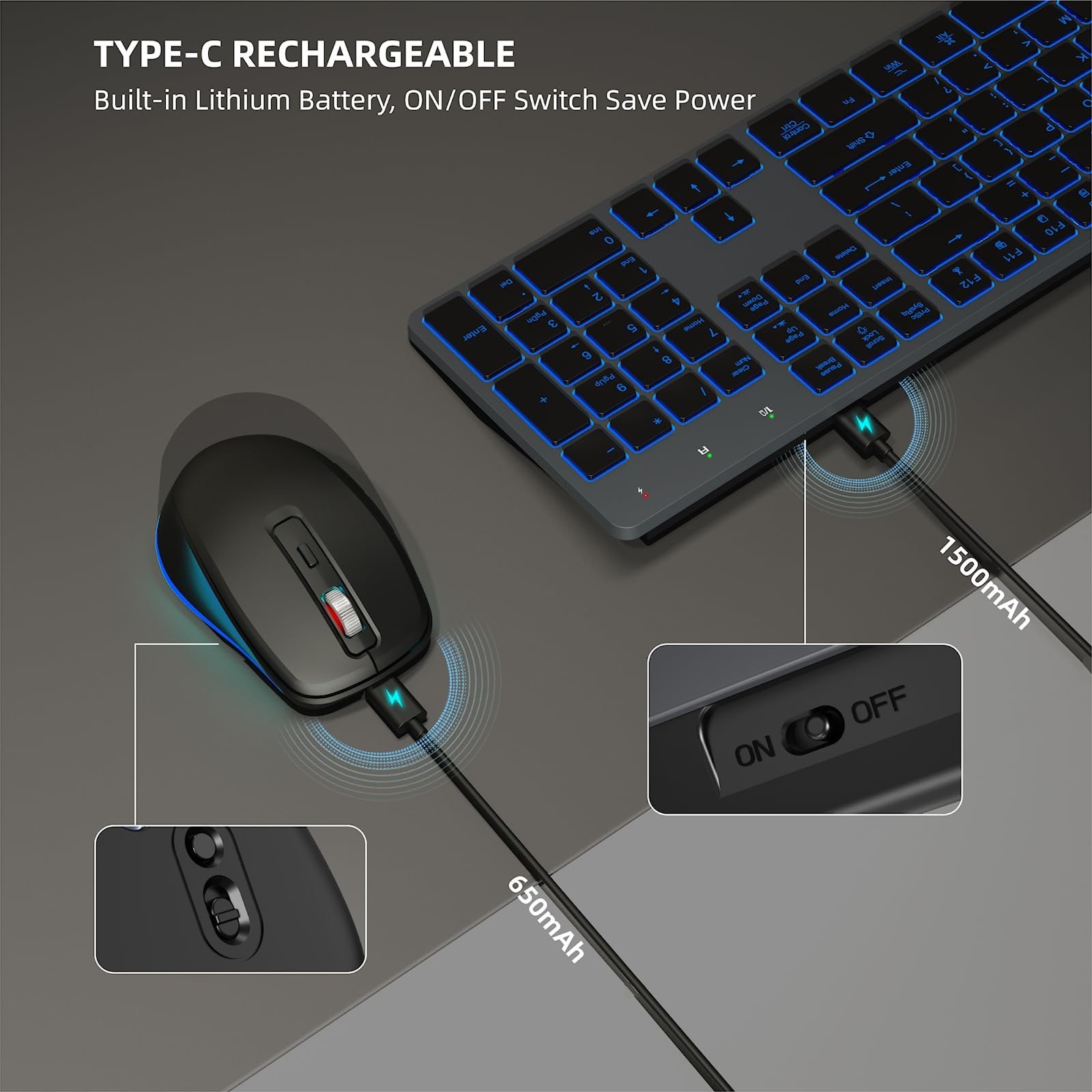 Quiet Wireless Keyboard and Mouse Backlit, Rechargeable Silent Flat Keyboard ...