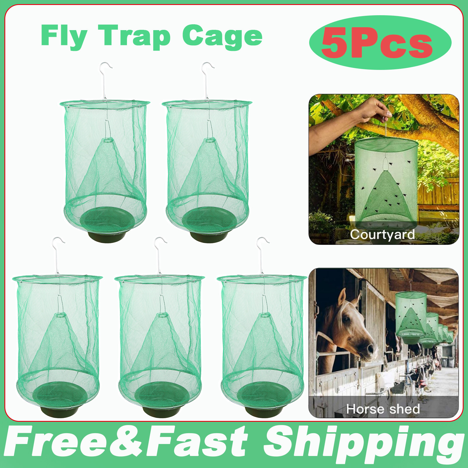 5 X The Outdoor Hanging Fly Trap Cage Reusable Killer Bug Net Perfect For Horses