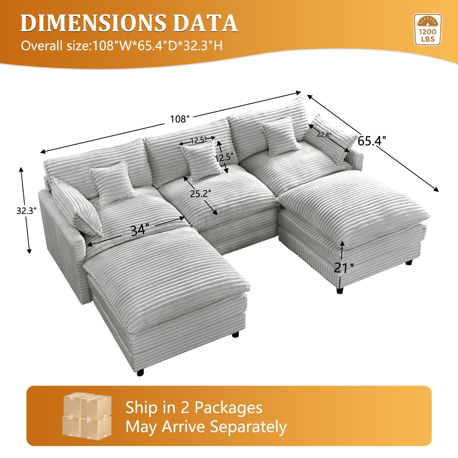 148-inch seven-piece sofa set, with a center console, coffee table and six pillo