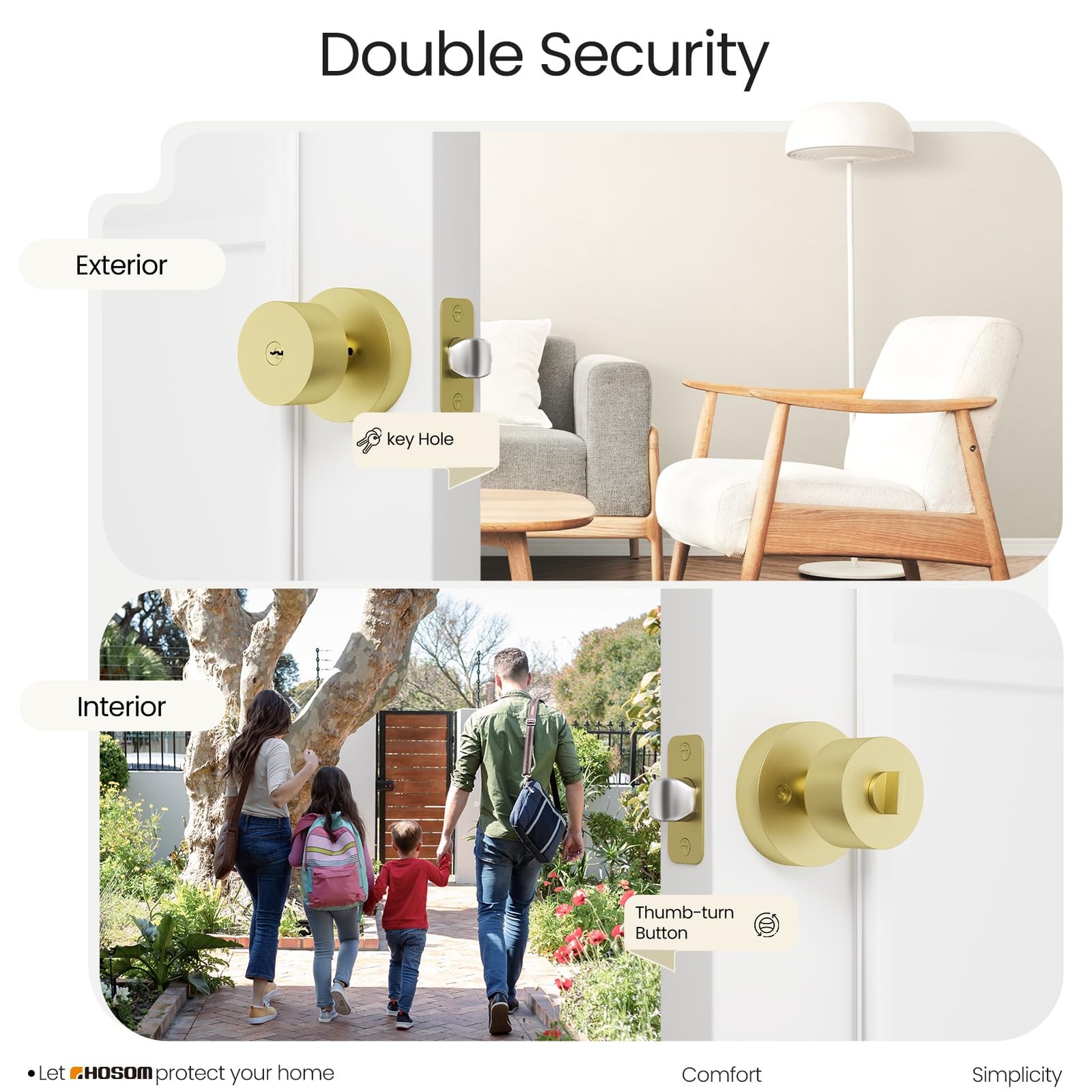 HOSOM Gold Door Knobs with Lock and Key, Keyed Entry Knob Gold,