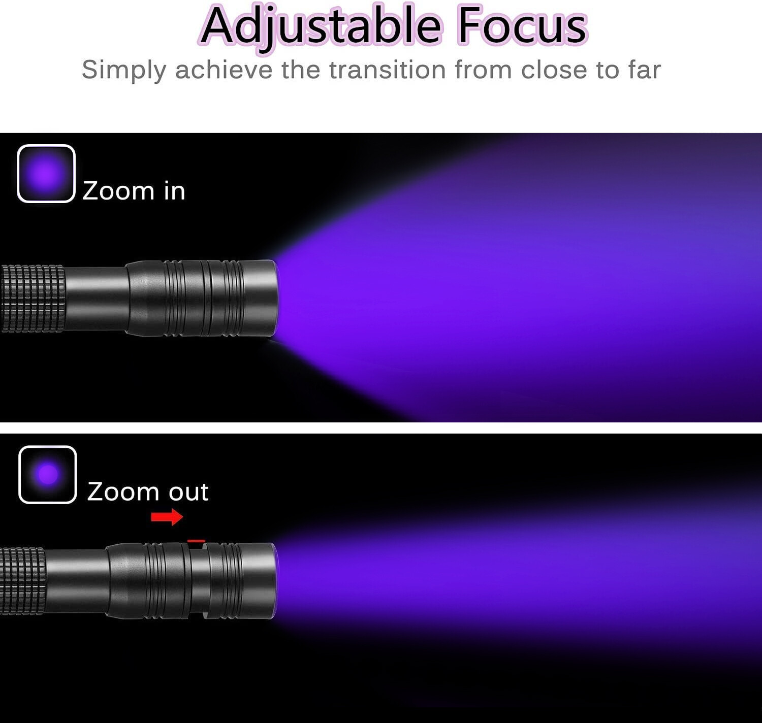Zoomable 395nm UV Light Penlight Scalable Clip Blacklight Flashlight Torch