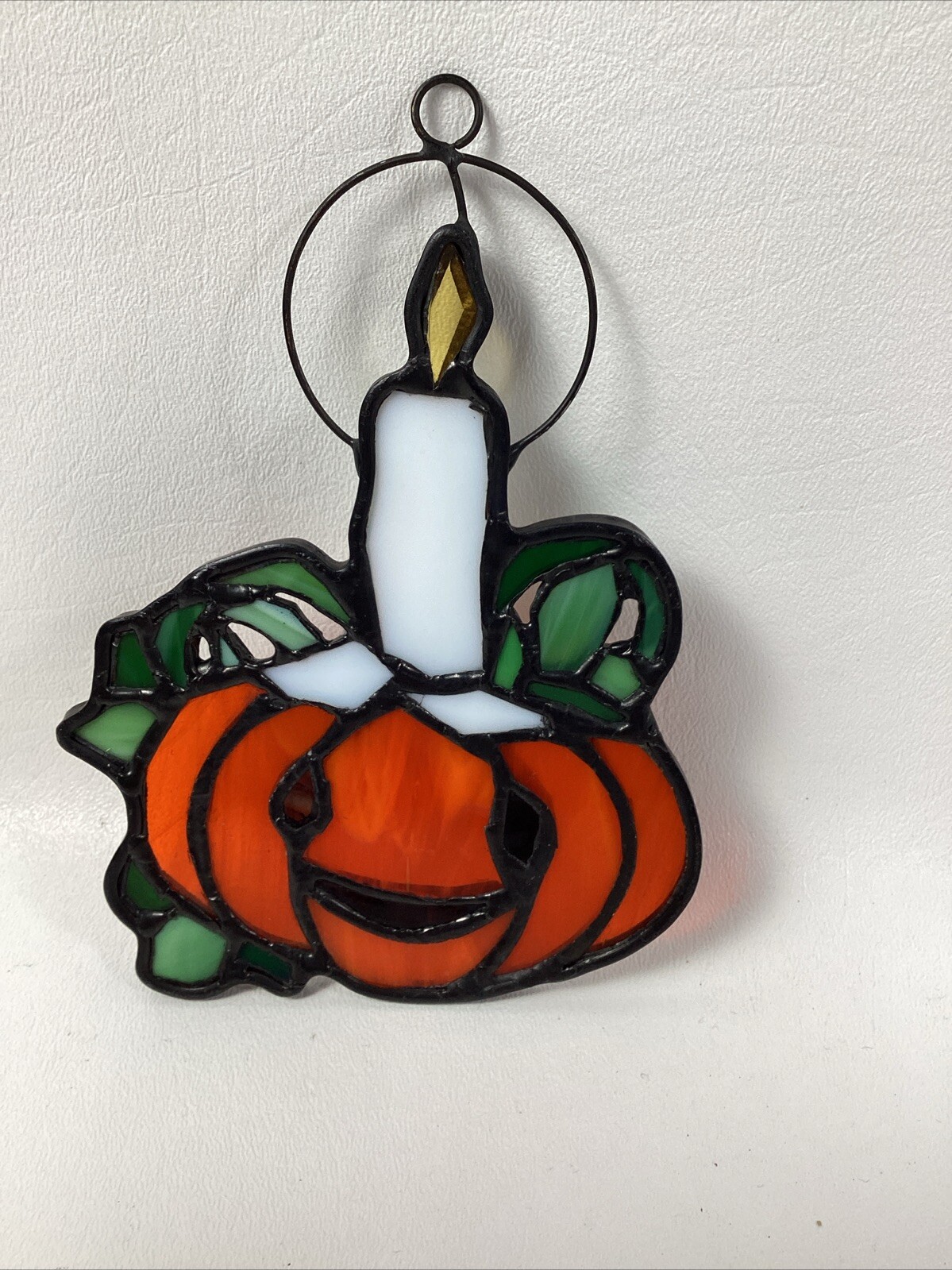 VTG Fall Suncatcher Jack-o-Lantern Thanksgiving Pumpkin W/ Candle Lead Framed 6”