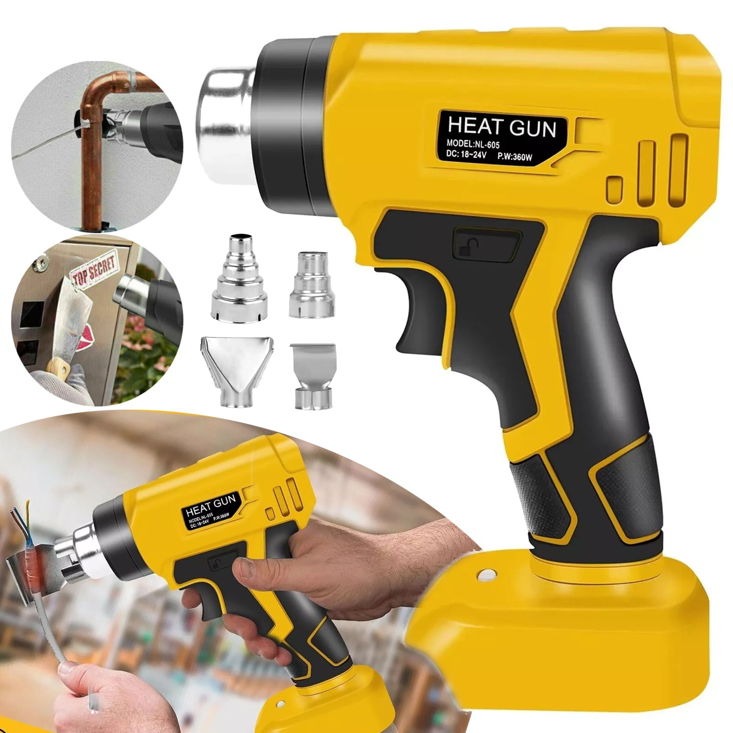 360W Cordless Heat Gun with 20V Li-ion Battery & 4 Nozzle For Dewalt Hot Air Gun
