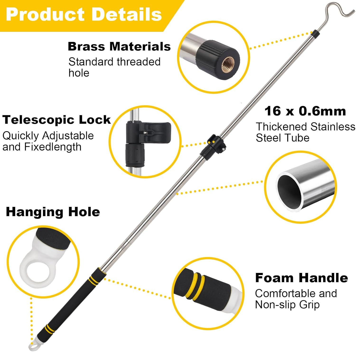 Clothes Hook Pole, High Reach Garment Hook 38“ - 63” Telescoping Pole with 3 Hoo