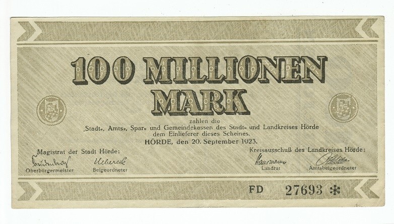 GERMANY BANKNOTE 100 MILLION MARK STADT-HORDE 1923