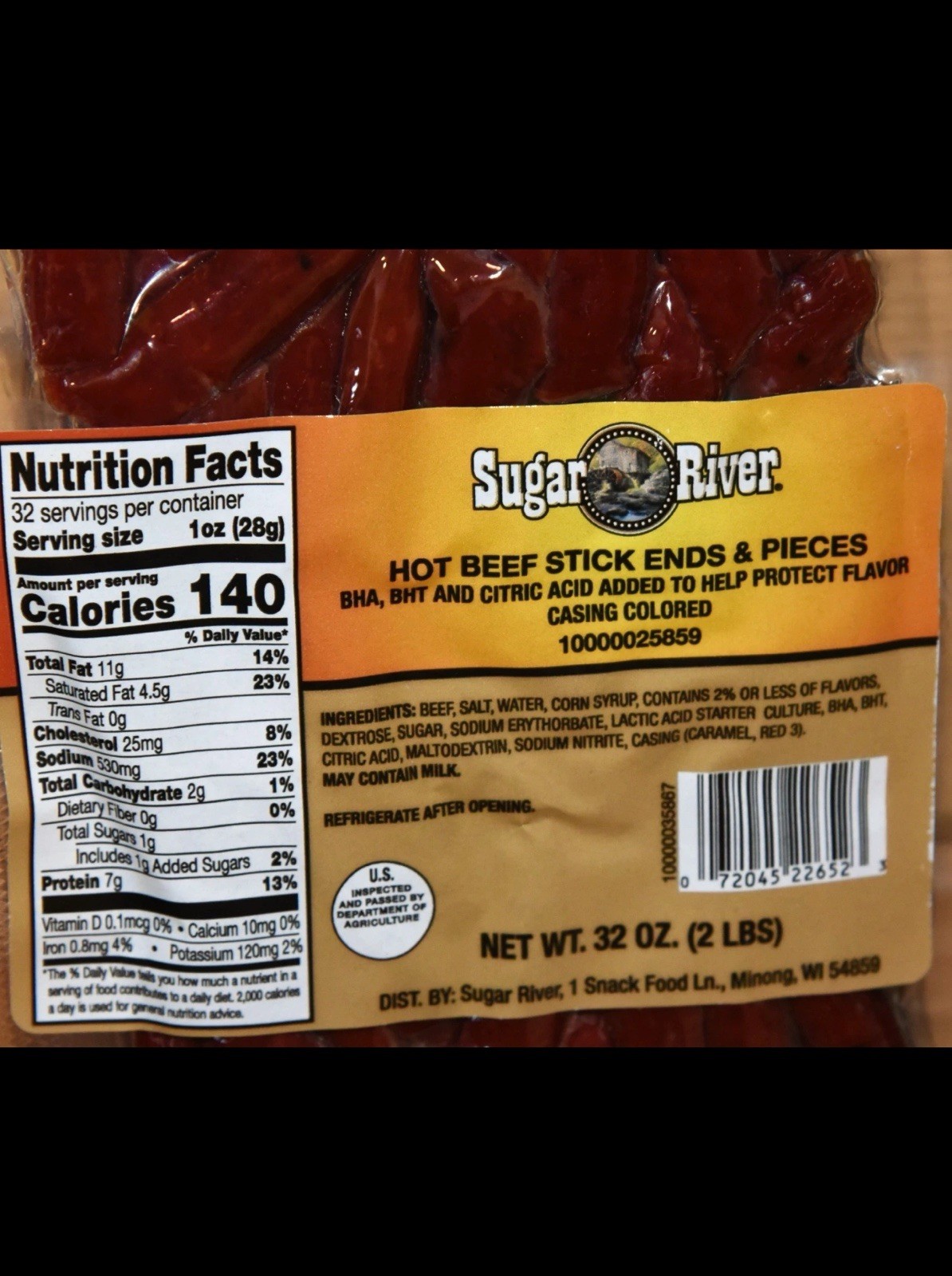2 PK- Sugar River HOT 🔥 Beef Stick Ends & Pieces 32 oz.