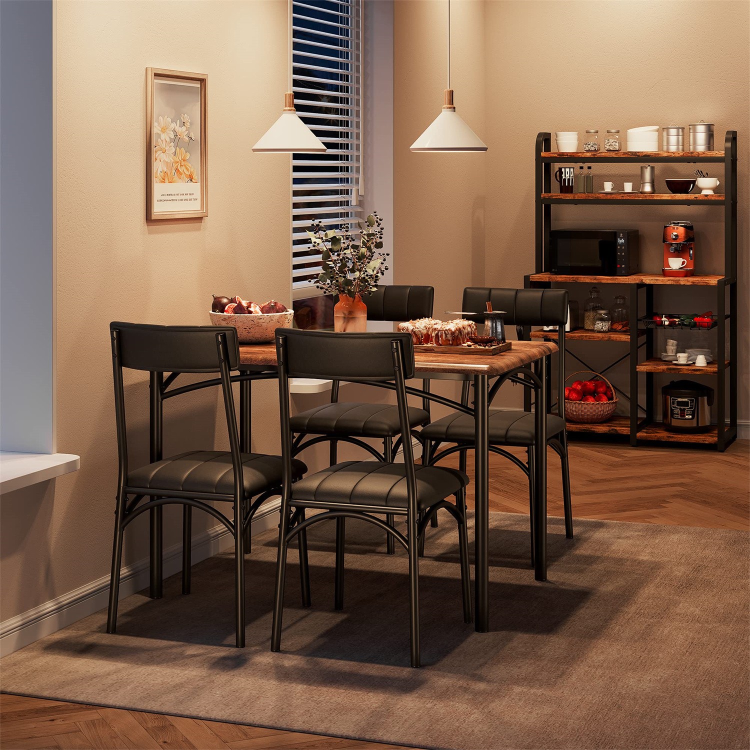 📶Dining Table Set for 4 Kitchen Table and Chairs Metal and Wood Upholstered Cha