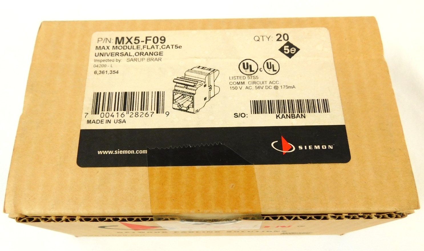 Siemon MX5-F09 MAX Outlet UTP, Category 5e, RJ45, Flat, Orange - BOX OF 20