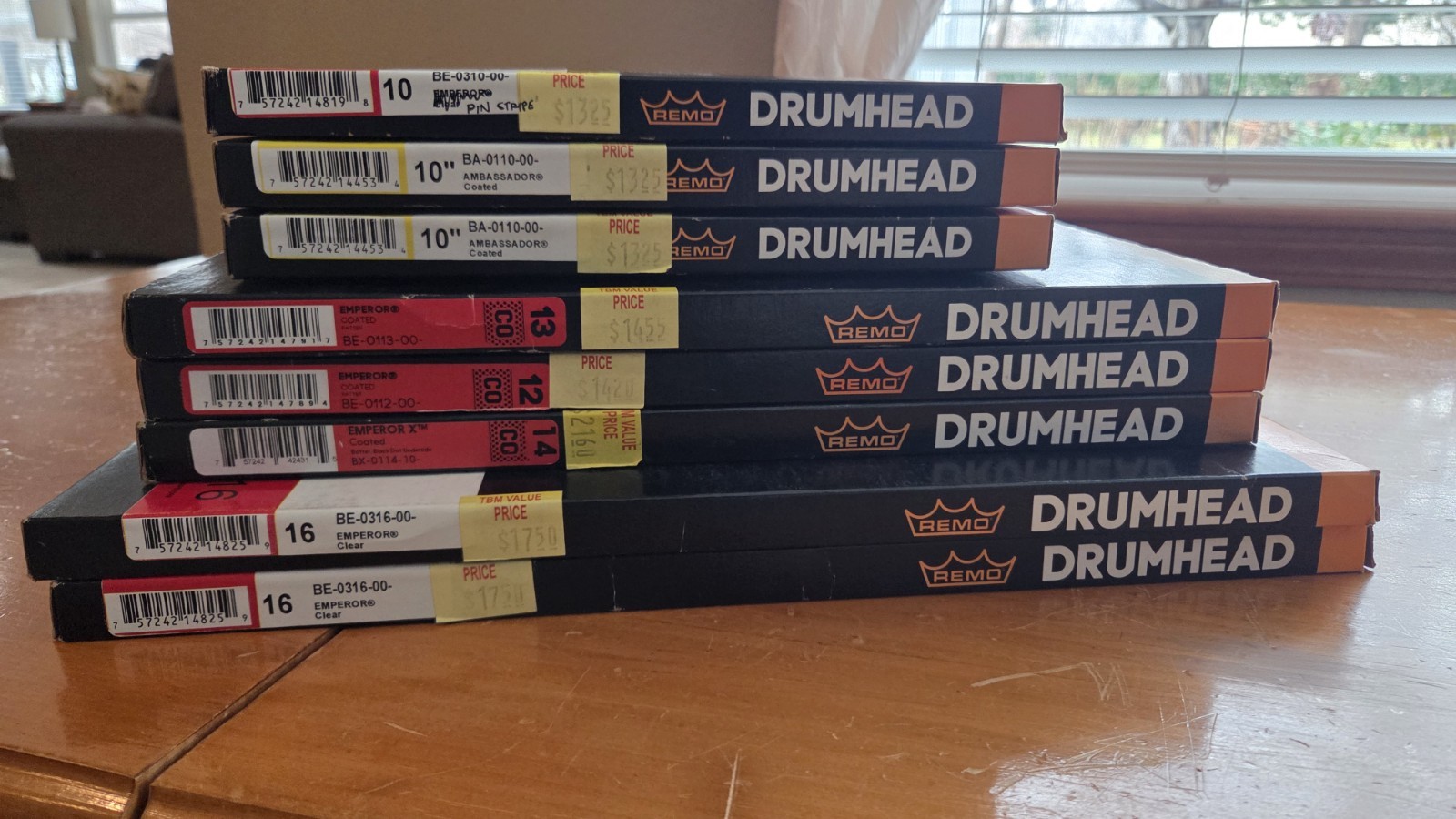 Lot of 8 New Remo (NOS) Emperor, Ambassador, Pin Stripe, Coated/Clear Drumheads