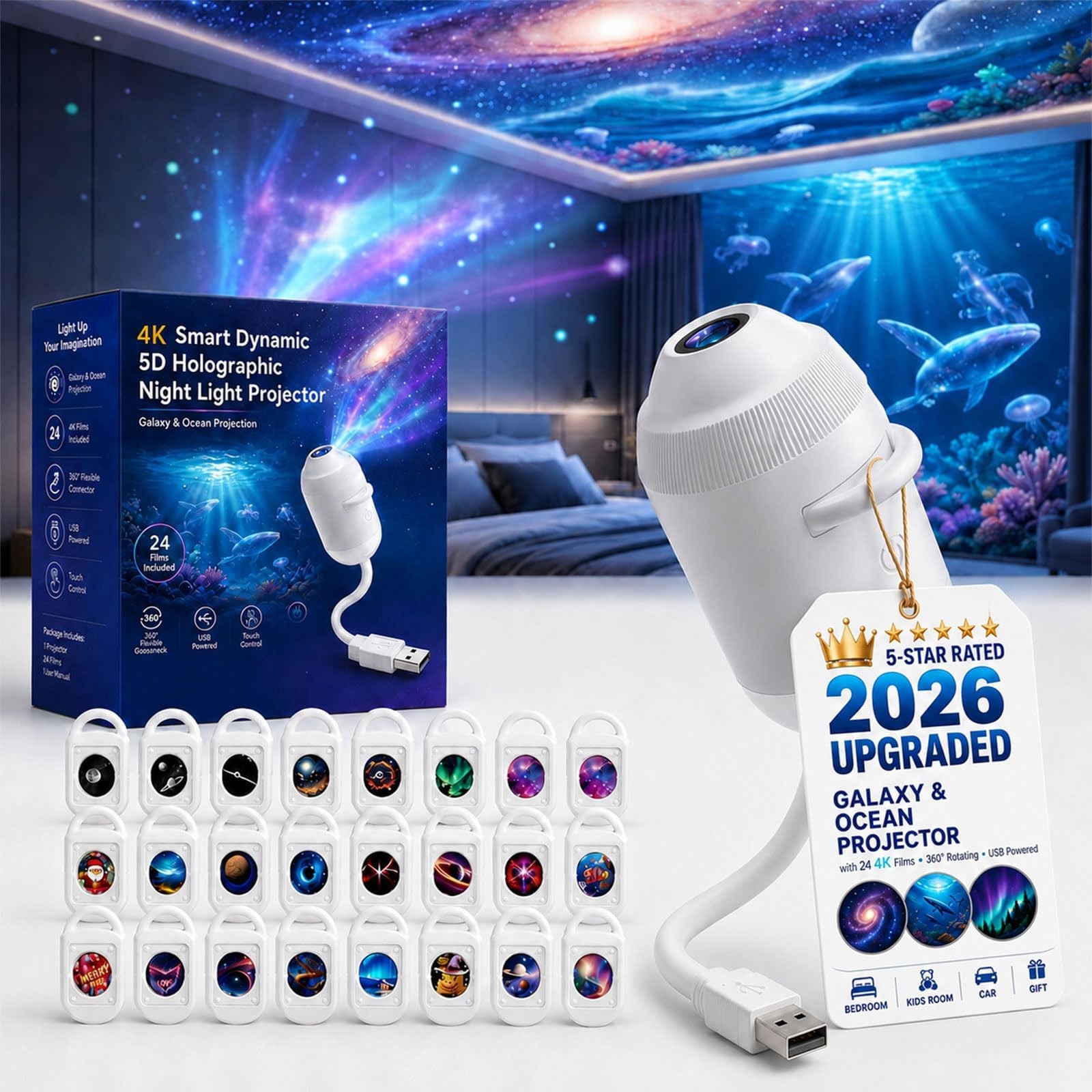 Hd Smart Dynamic 5D Holographic Night Light Projector, Play HD Star Projector
