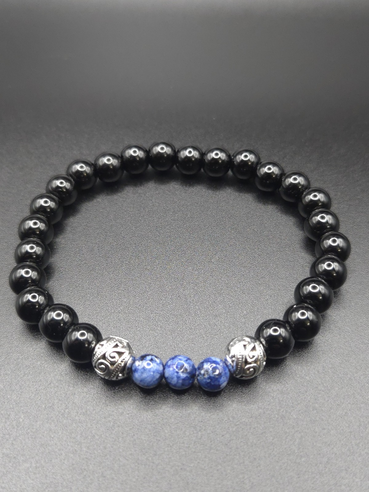 Handmade Onyx Lapis Sterling Bracelet Men Women Clarity Healing Protection 8 In