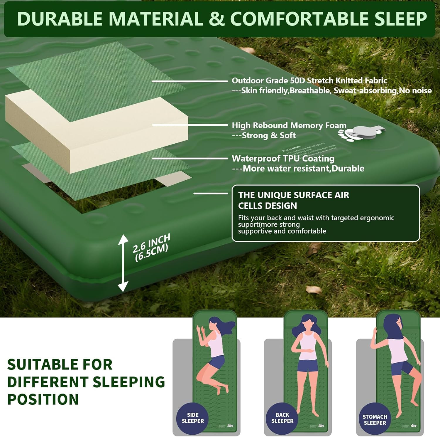Memory Sleeping Pad, Compact Thick Foam Sleeping Mats with Pillow, 9.5 R-Value I