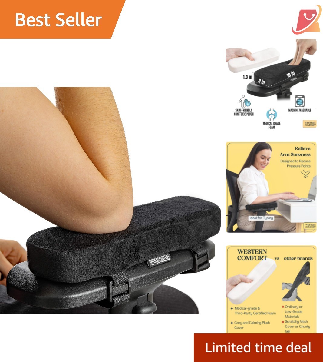 Memory Foam Armrest Pads Office Gaming Chair Support 10x3 In Black