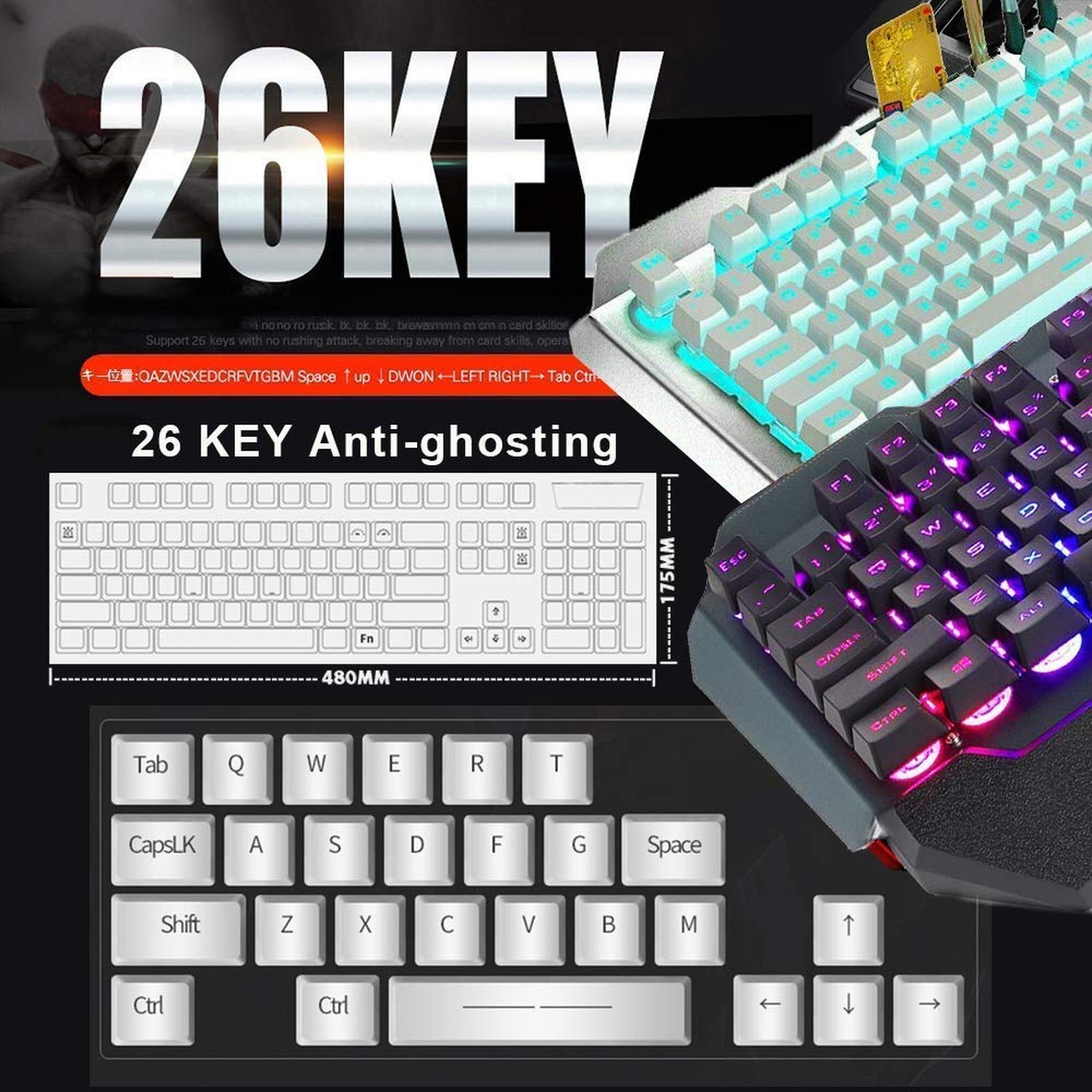 Wireless Keyboard and Mouse, Blue LED Backlit Rechargeable Keyboard with 3800...