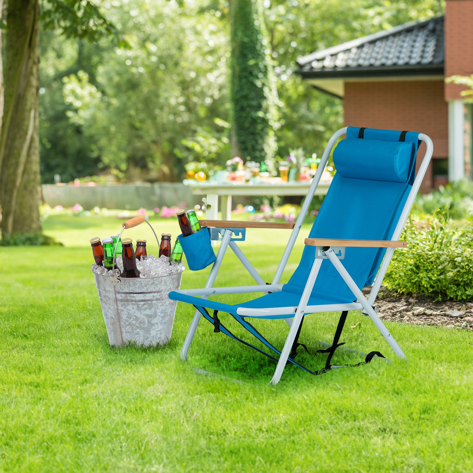 Backpack Beach Chair Folding Portable Chair Blue Solid Construction Color Blue