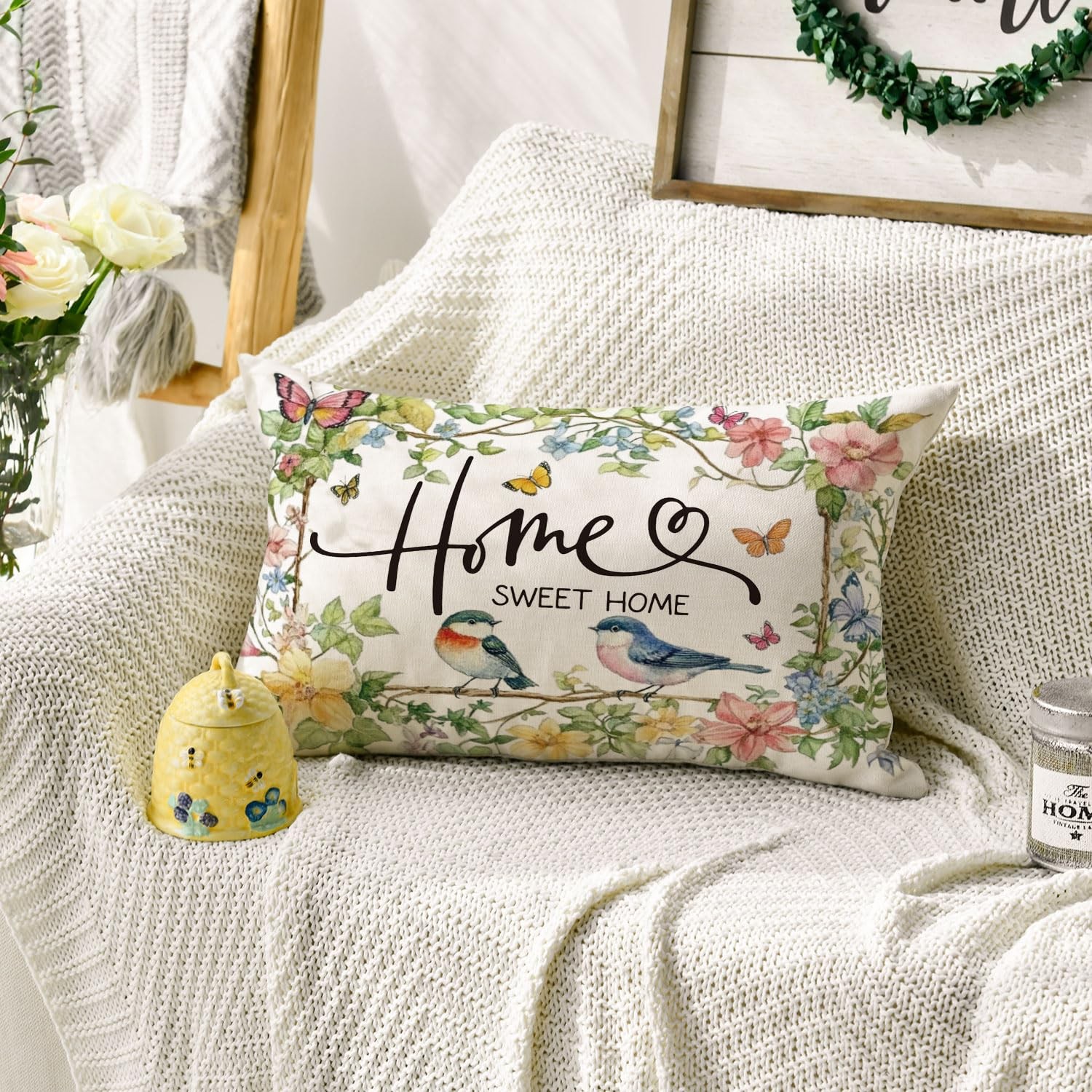 AVOIN colorlife Home Sweet Birds Floral 20" x 12" (Pack of 1), Green
