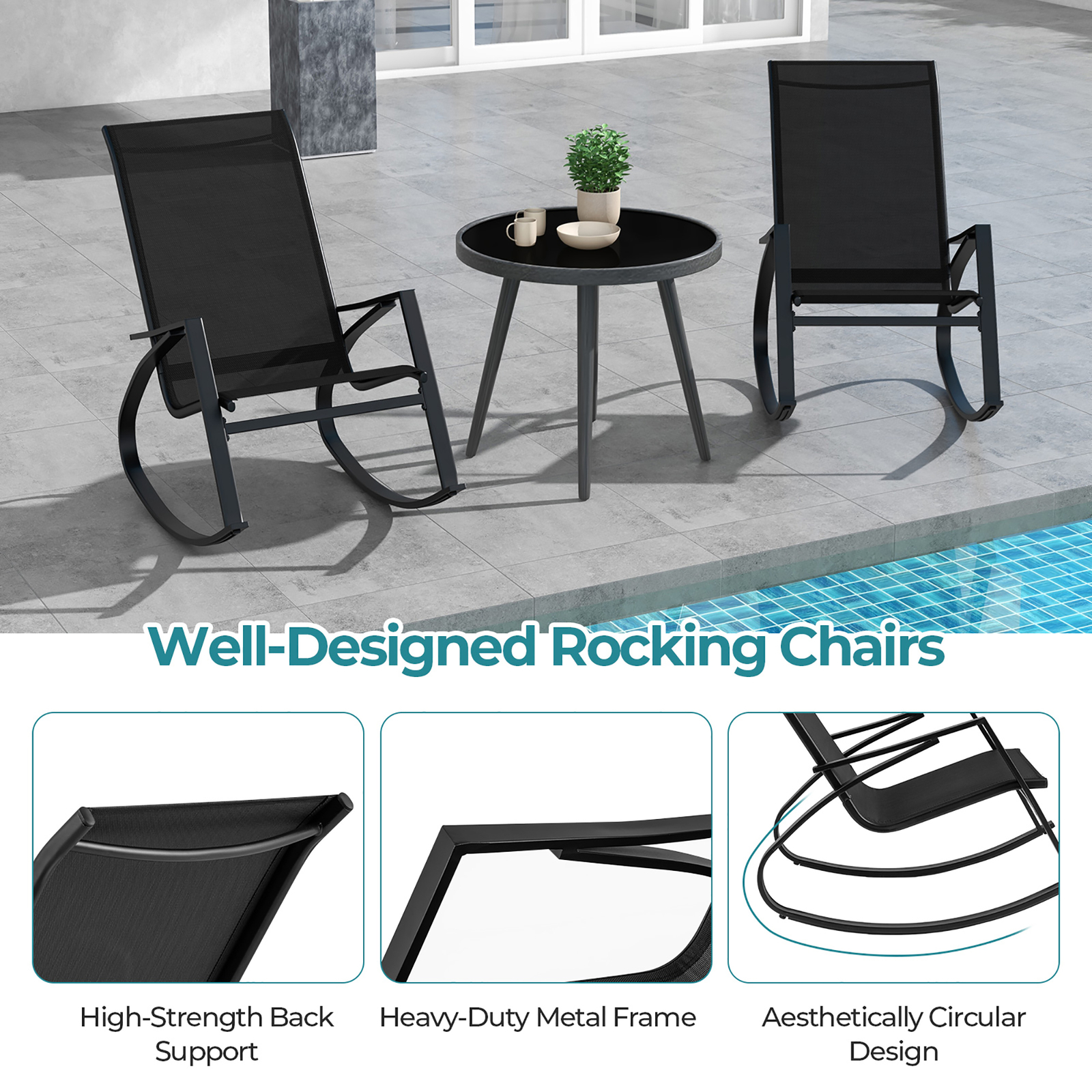 2 PCS Patio Rocking Chairs w/ Ergonomic Backrest Seat Safe Stoppers for Backyard