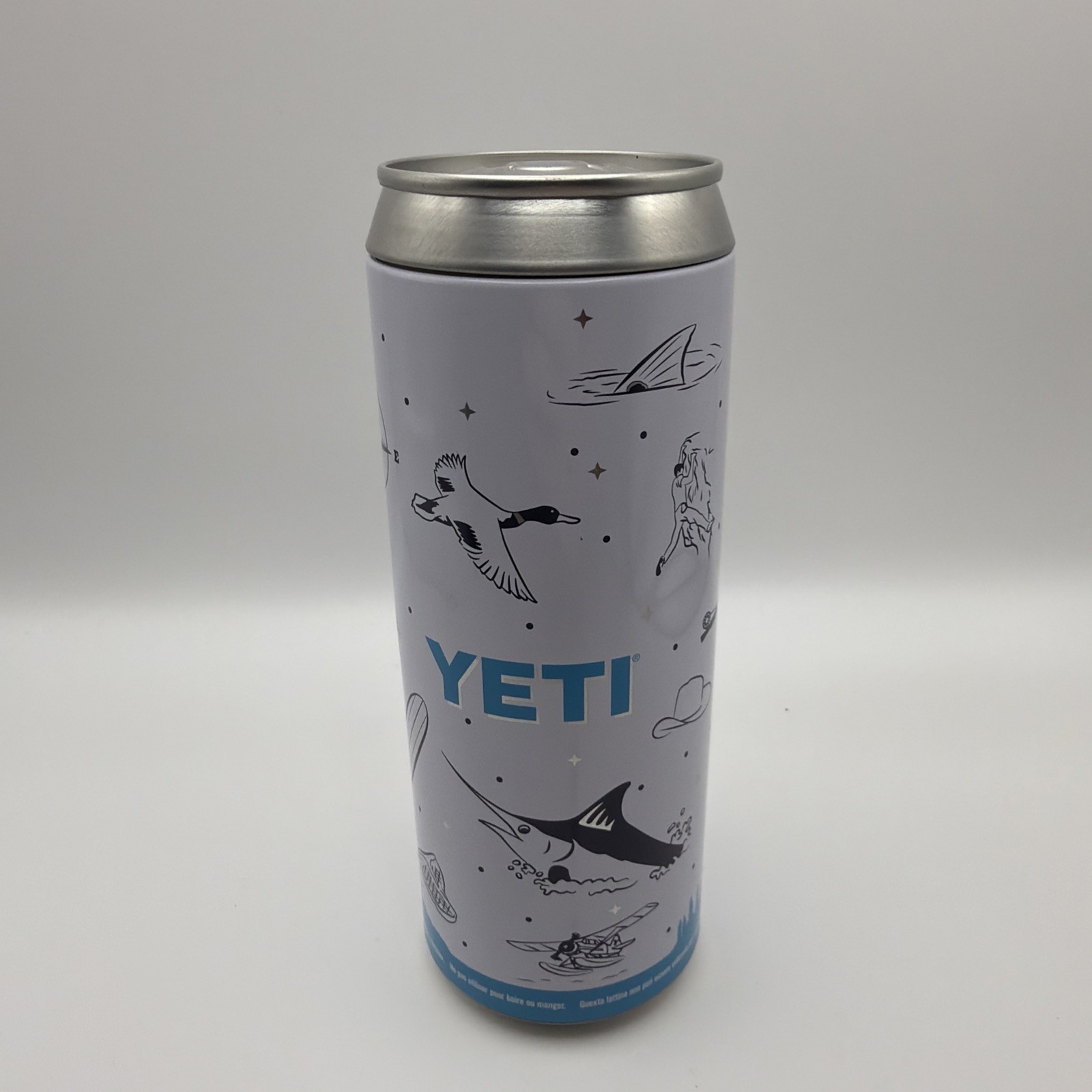 Yeti Stash Storage Can 12 Ounces Tall Slim Metal Can White & Blue Nature Scenes