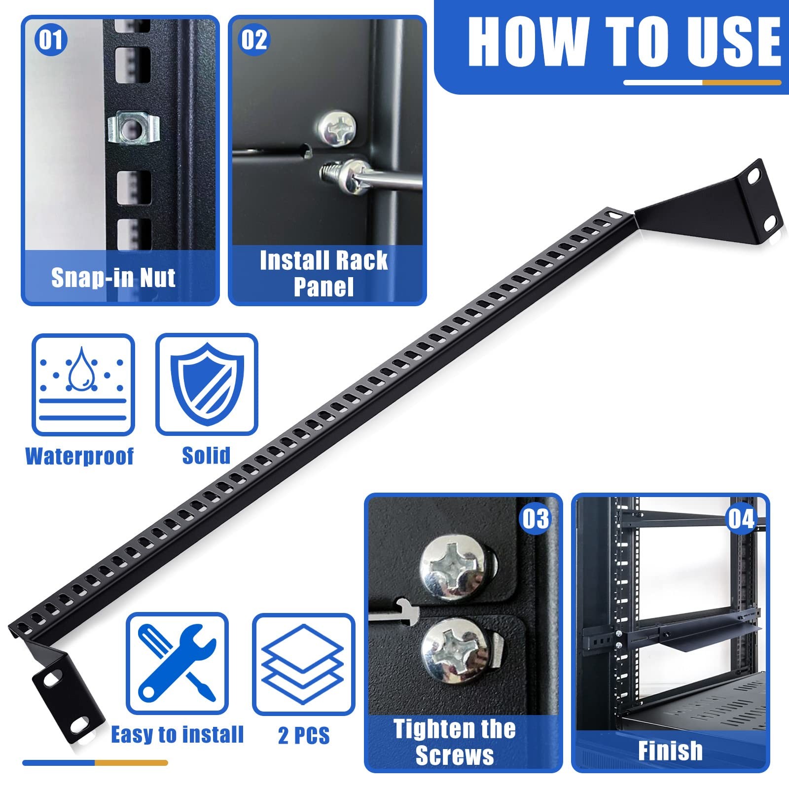 2 Pcs 1U Horizontal 19 Inch Rack Mount Cable Management Support Bar Bracket C...