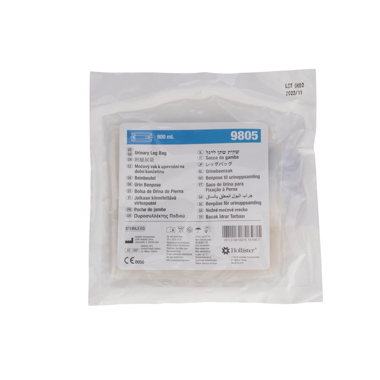 Hollister Urinary Leg Bag, Anti-Reflux Valve, 900 mL, Vinyl, Box of 10