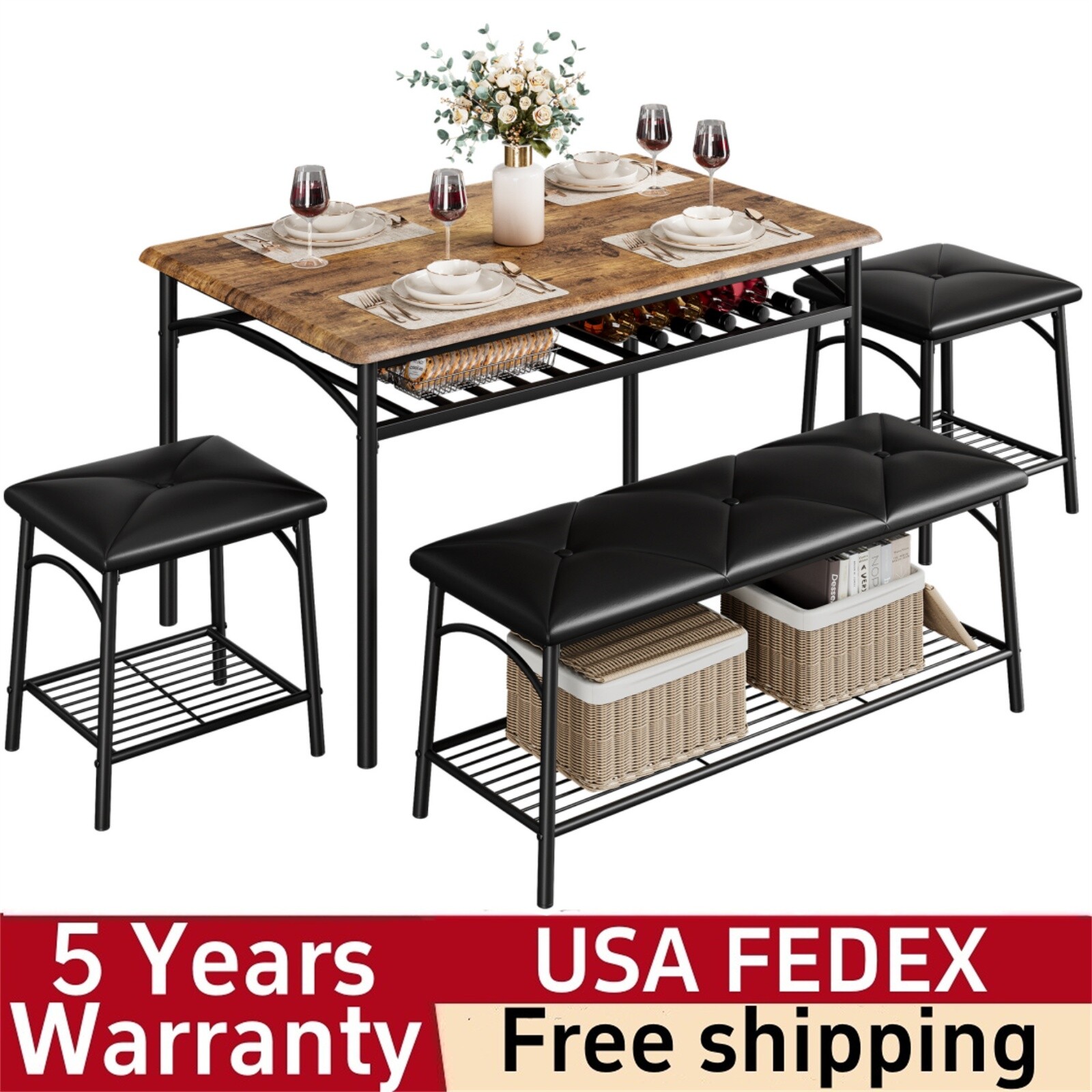 ☑️Kitchen Table Set for 4 Dining Table with Bench and 2 Square Stools Storage