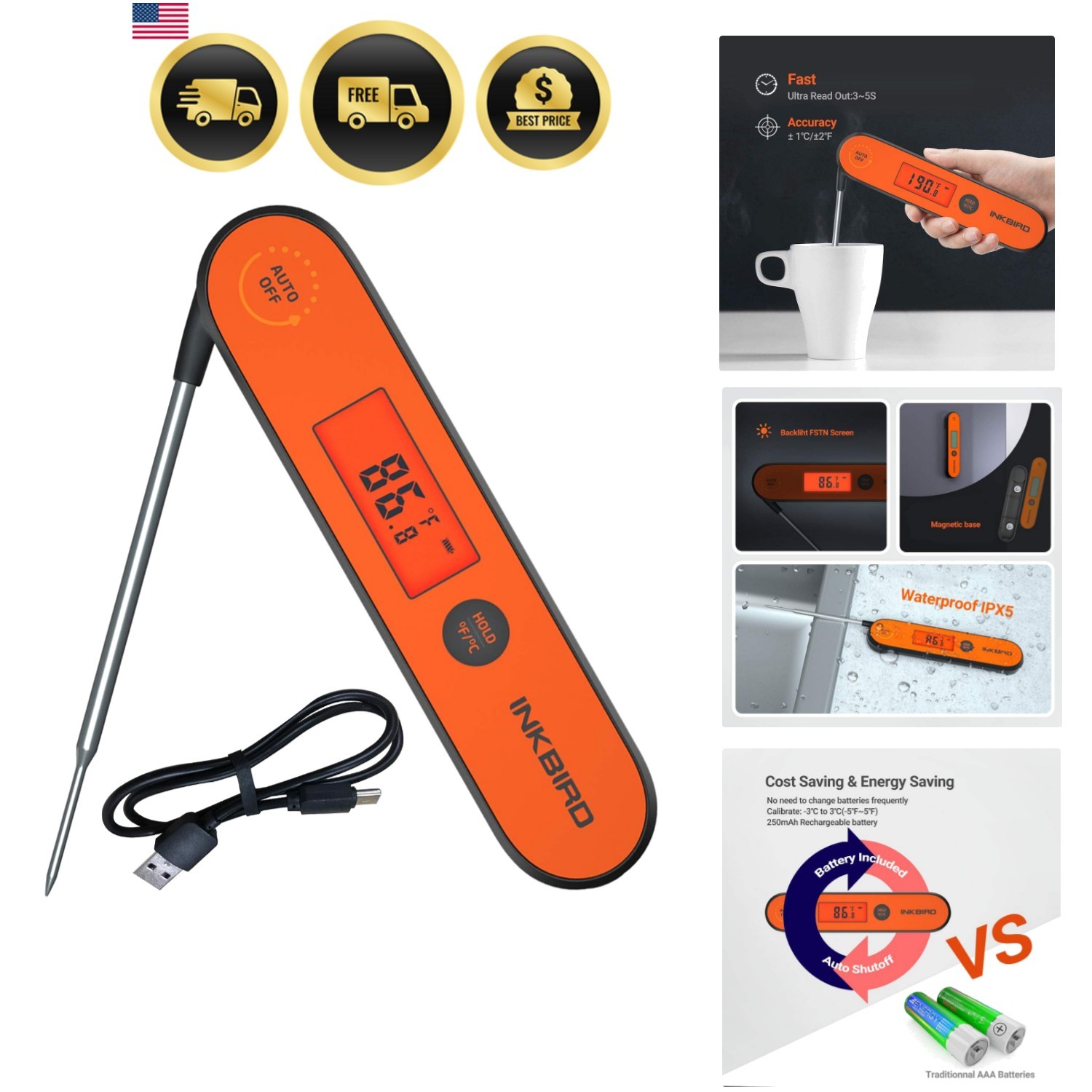 Instant Read Thermometer | Digital Waterproof Rechargeable Food Thermometer w...