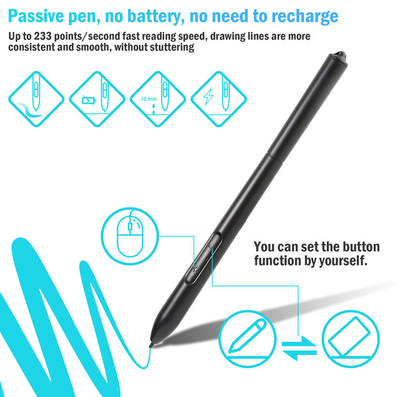 Digital Graphic Drawing Tablet w/ Battery-free Pen for Mac, Windows PC & Android