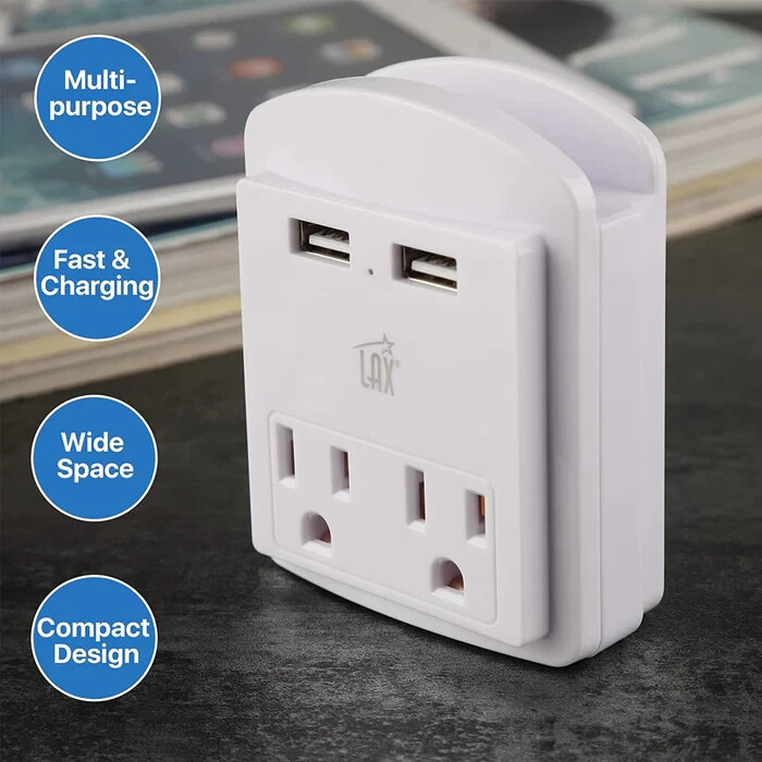 LAX Gadgets 2-Outlet/2-USB/Fast Charger/Surge Protector, 540-J, New, Ships Free