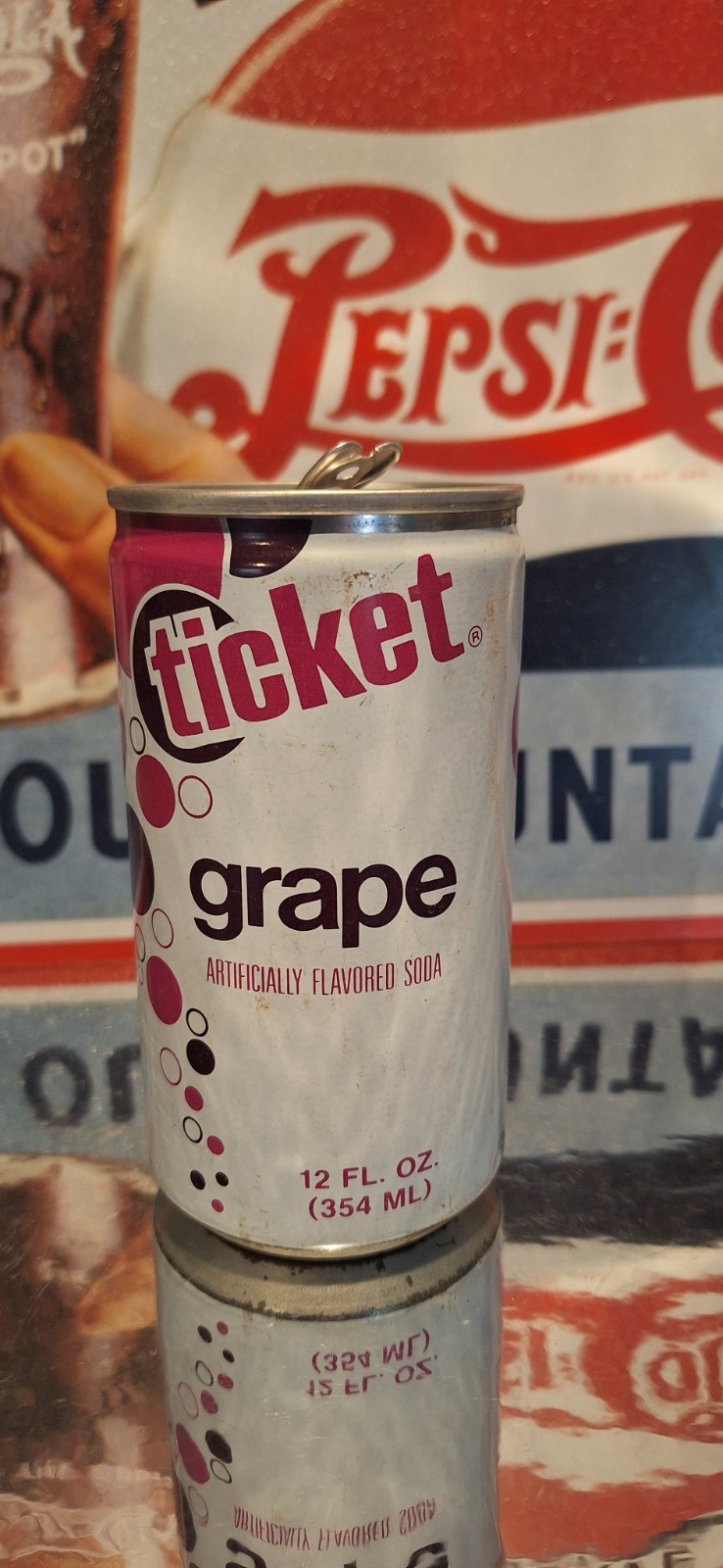 🍺 TICKET Grape Cola Soda Pop Can Advertising Prop Empty 70's 80's