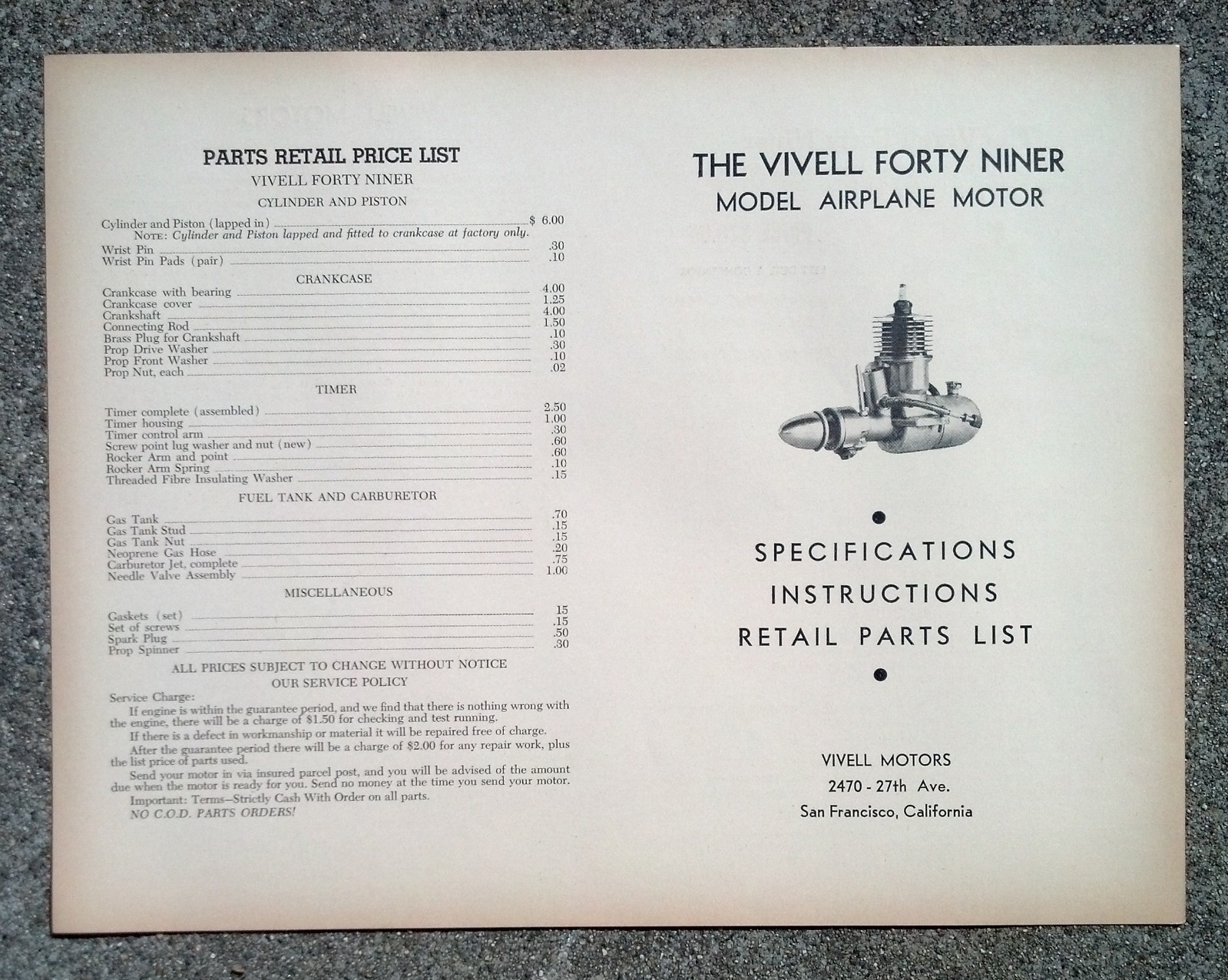 ORIGINAL Vivell Forty Niner Engine instructions and parts list NOT A COPY