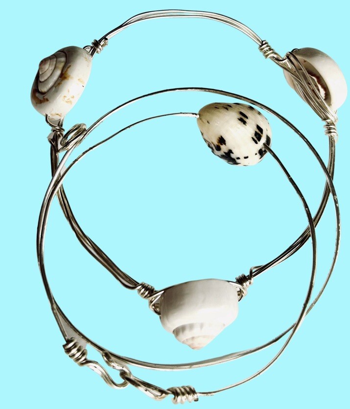 Artisan Made 3 Wrapped Sterling Silver Wire Bracelets With Sea Shells Summer