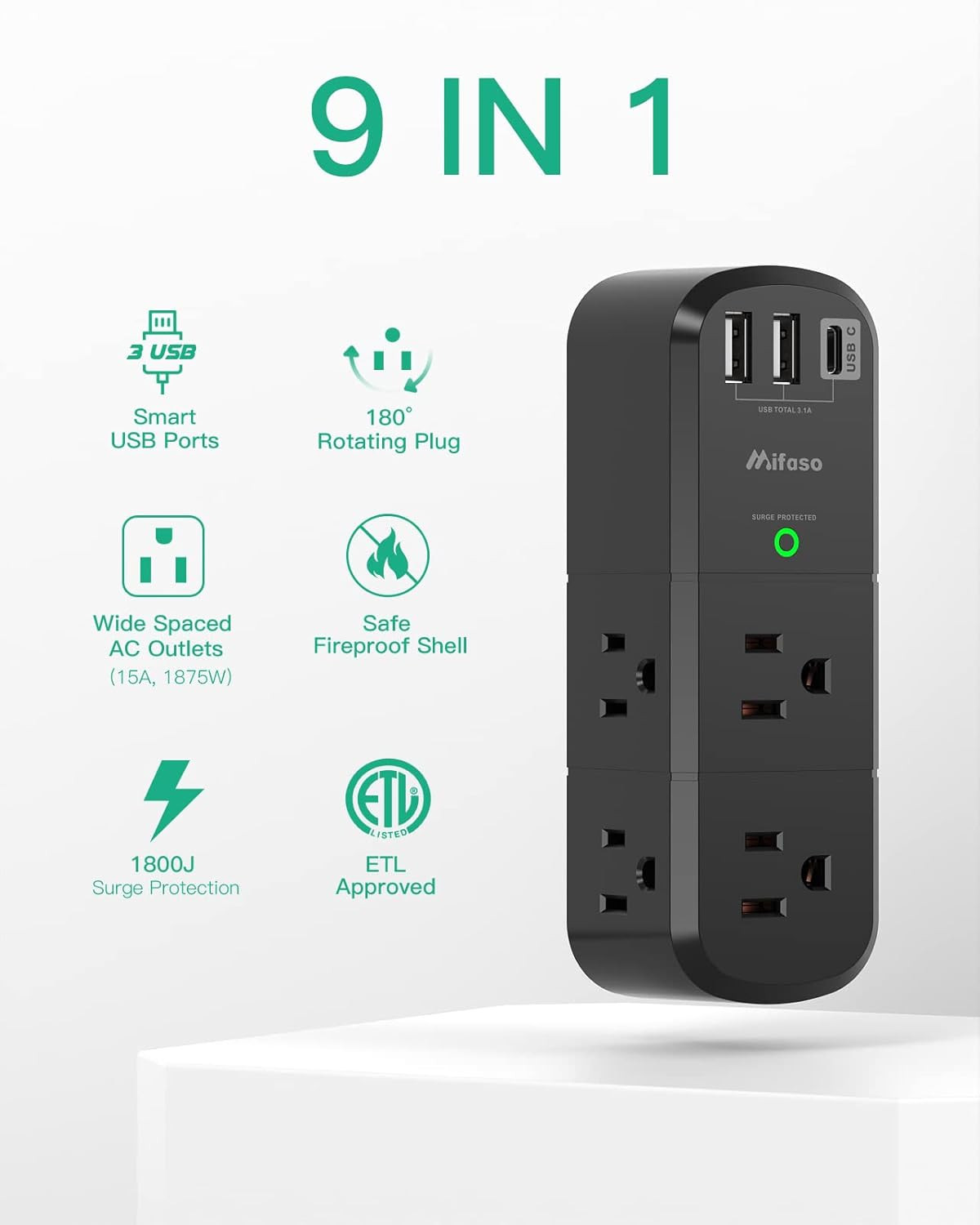 USB Outlet Extender Surge Protector - with Rotating Plug, 1800 Joules, 6 AC Mult