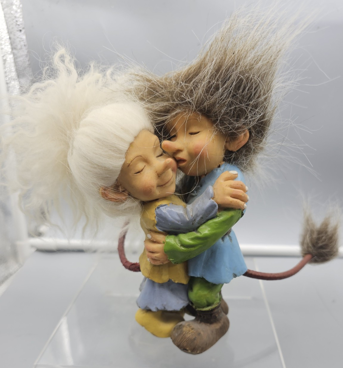 Troll Figure Kissing Couple Long Nose Tail 3.75" Tails Long Hair Tall Resin