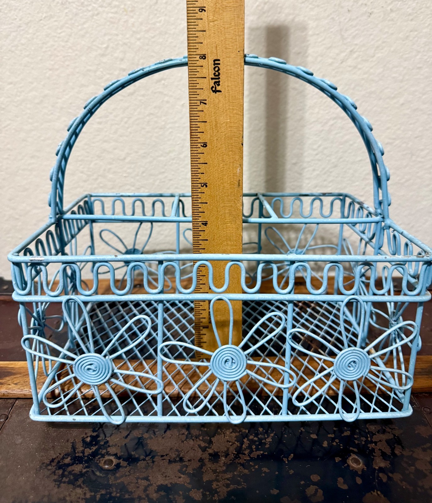 Vintage Metal Covered Sectional Spring Rustic Basket Eggshell Blue