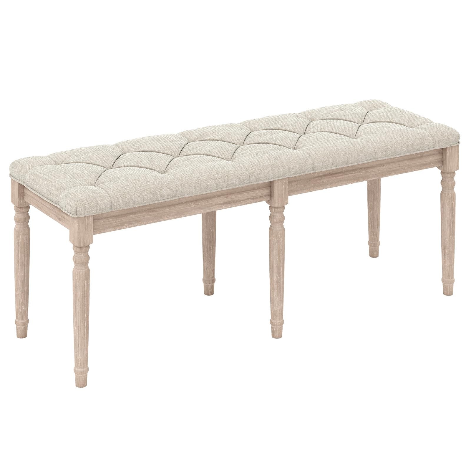 47.5 Inch Beige Tufted Dining Bench With Carved Wood Legs
