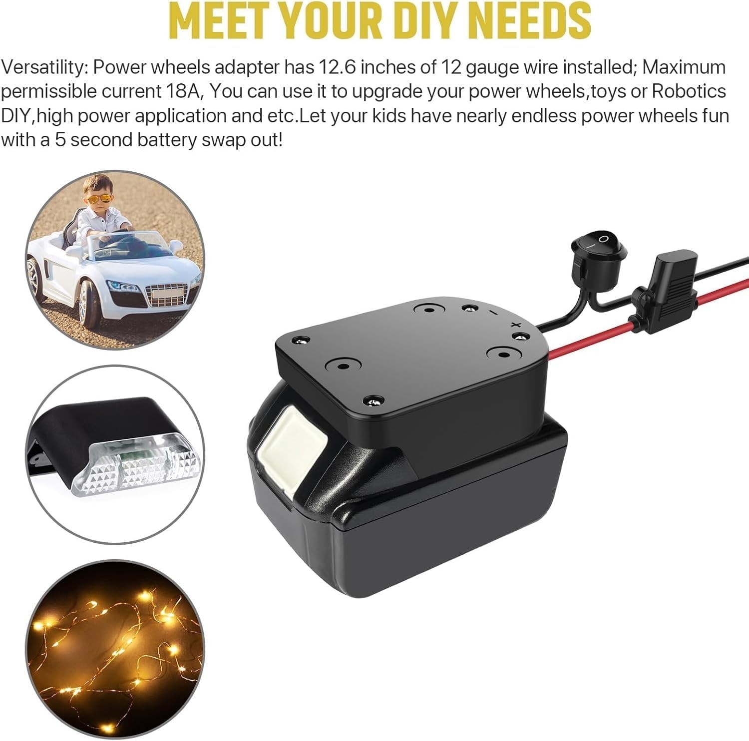 Power Wheel Adapter with Fuse Switch 18V Lithium Battery Connector 12 Gauge