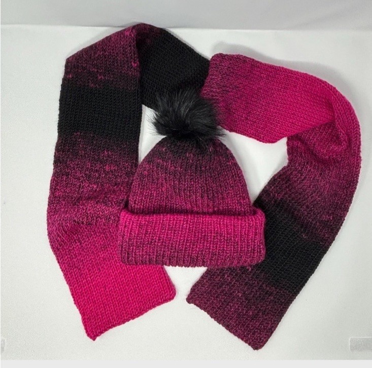 Hot Pink/Black Ombre Knit Hat and Scarf Set