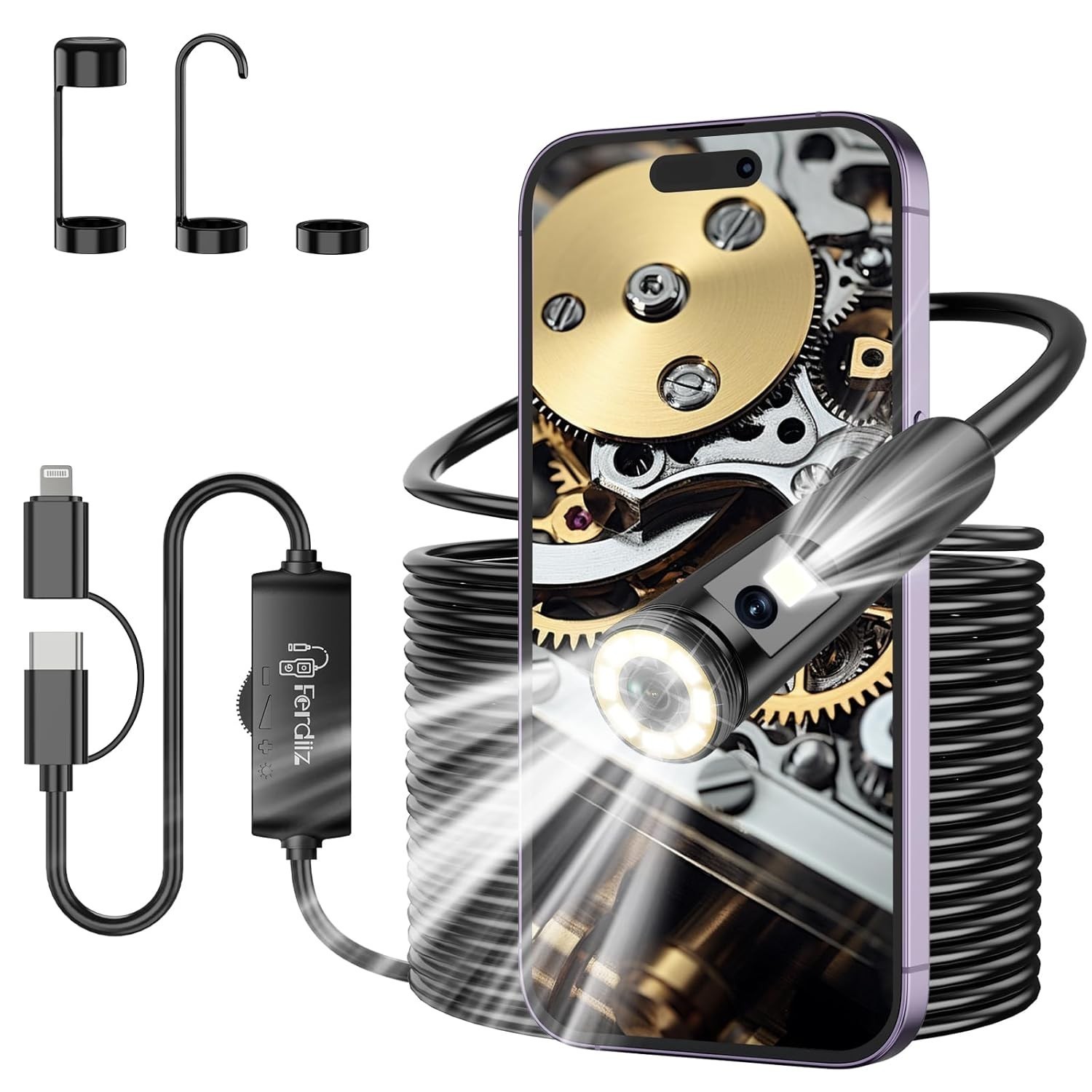 Dual Lens Endoscopes Camera 1920P HD Borescope with 8 LED Lights for iOS/Android