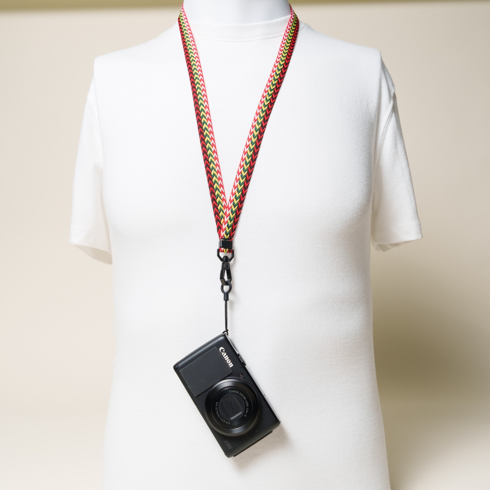 Single Point camera strap Lanyard 80s Red, Green, White / Quick Clasp Mount