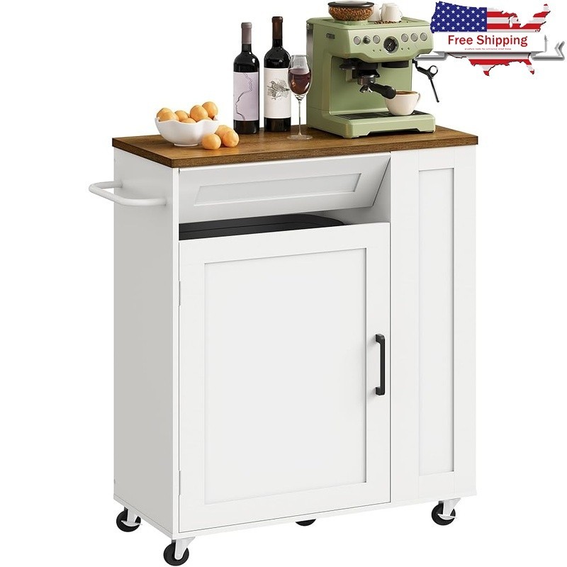 Multifunctional Kitchen Island Cart W/ Hidden Trash Bin & Spice Rack Storage New