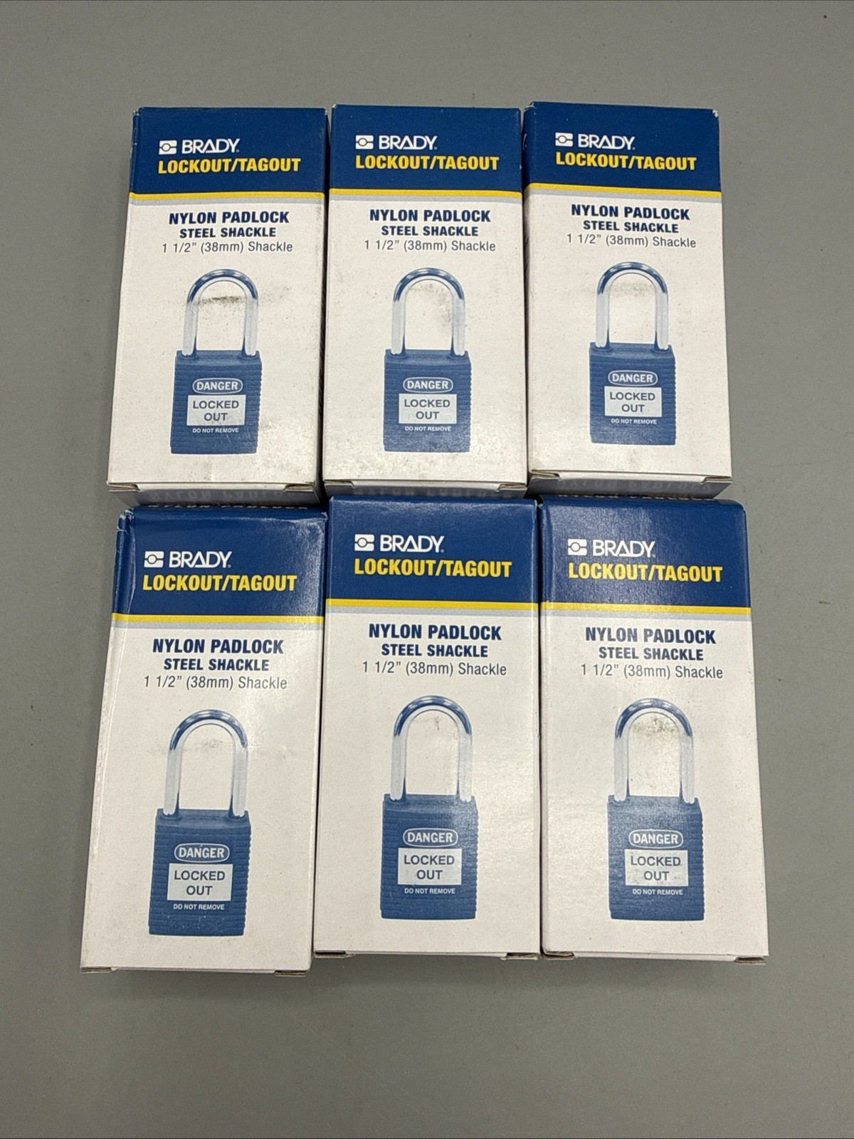 (QTY 6) Brady Lockout/Tagout Nylon Padlock 1-1/2" 38mm Steel Shackle Yellow